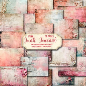 Pink junk journal digital paper, 28 scrapbook printable pages, pink vintage paper, old paper background, instant download, commercial use