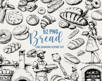 May include: A black and white line drawing illustration of various types of bread, including loaves, rolls, baguettes, and croissants. The illustration also includes a baker in a baker's hat and apron, a brick oven, and other bakery items.