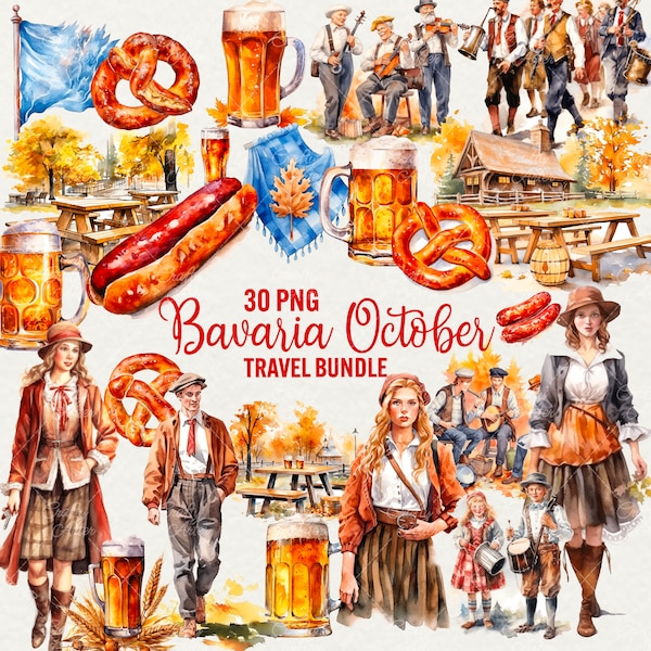 Watercolor Bavaria October Clipart, 30 png Germany Traditional Clipart, Europe travel clipart, beer pretzel autumn Festival, Commercial Use