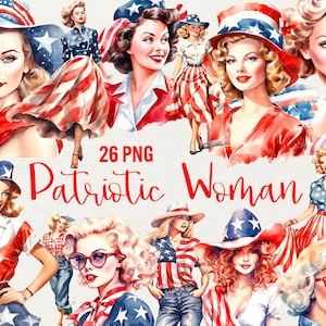 Clipart de mujer estadounidense en acuarela, 26 imágenes PNG del 4 de julio, mujer patriótica retro de EE. UU., clipart del Día de la Independencia para uso comercial