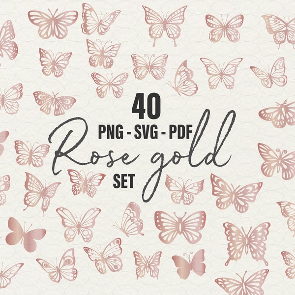 40 Rose Gold Butterfly Clipart SVG, Butterfly SVG vector for Stickers Rose Gold Butterfly PNG Bundle Clipart Set, Commercial Use.