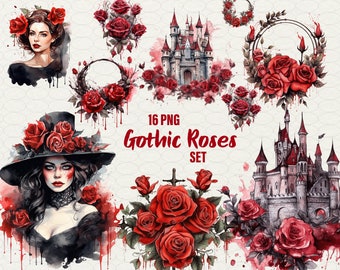 Watercolor Gothic Roses Clipart: Dark Fantasy PNG Set (16 Images)