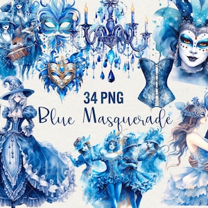 Aquarell Blau Maskerade Clipart transparent 34 Png digitale Kunst Karneval Grafiken und Maskenmaske, viktorianische Party, kommerzielle Nutzung.