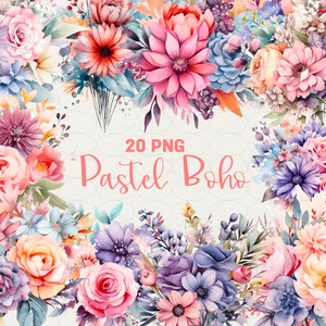 Watercolor Pastel Boho Flowers Clipart, 20 PNG Watercolor pastel flowers Boho bouquets illustration floral boho sublimation Commercial Use