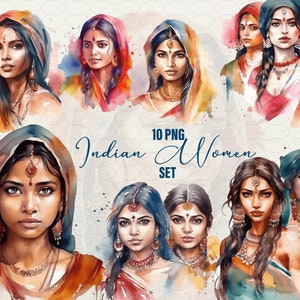 Clipart di donna indiana, clipart di acquerello indiano, 10 PNG Ritratto di donna indiana in abito lehenga, Desi indiana, uso commerciale.