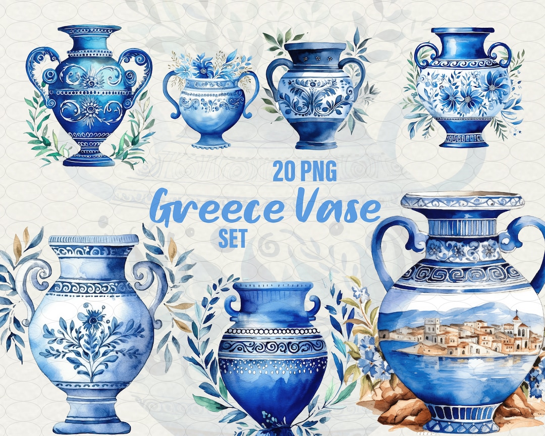 Blue Antique Greece Vase Clipart, 20 Png, Card Making, Watercolor Blue