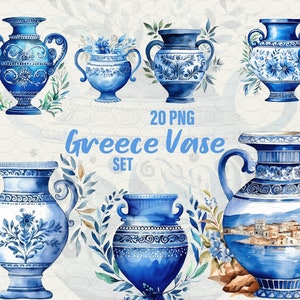 Clipart di vaso antico greco blu, 20 PNG, creazione di biglietti, vaso vintage blu acquerellato con ornamento per scrapbooking, uso commerciale.