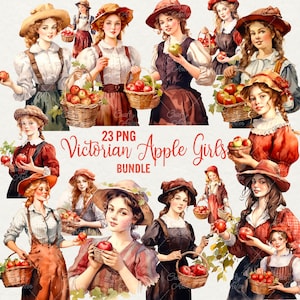 Victorian Apple Girls Clipart, 23 PNG bundle Aquarelle femme portraits graphiques, vintage Garden Lady clipart Belle fille, Utilisation commerciale