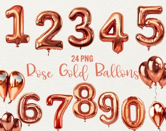 Palloncino in lamina color oro rosa con numero Clipart: 24 grafiche PNG (uso commerciale)