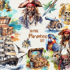 Puede incluir: Un conjunto de 38 ilustraciones de acuarela con temática pirata. El conjunto incluye un barco pirata, loros, cofres del tesoro, un cañón, una bandera de calavera y huesos cruzados, y un pirata con una espada. Las imágenes están en un estilo de acuarela con un toque vintage.