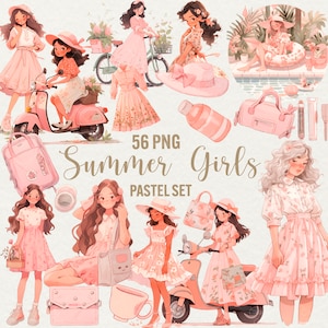 Summer Girls Clipart, 56 png watercolor pink girl, travel pretty girls graphics, vacation girl, paper craft instant download, commercial use