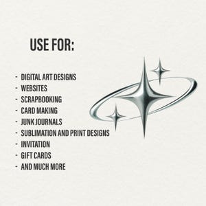 Metal star PNG bundle with 45 chrome aesthetic clipart designs, including silver starbursts, shooting stars, spiked stars, outlined stars, orbiting planets, crescent moons, and celestial shapes. Trendy Y2K and futuristic style, perfect for digital art, sublimation, scrapbooking, websites, social media posts, Twitch overlays, and DIY crafts. Each PNG has a transparent background, ideal for Canva, and other design platforms. Great for aesthetic and gothic projects.