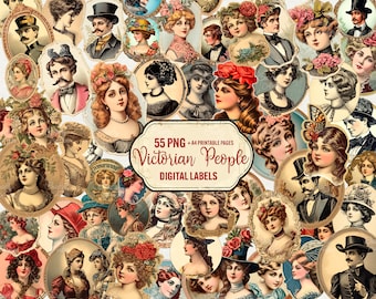Stickers personnages victoriens : clipart étiquettes vintage, journal indésirable (PNG et A4)