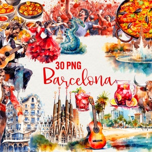 Könnte beinhalten: Eine Aquarell-Illustration verschiedener Sehenswürdigkeiten Barcelonas, darunter die Sagrada Familia, der Park Güell und der Strand Barceloneta. Die Illustration zeigt auch traditionelle spanische Speisen, Getränke und kulturelle Elemente wie Flamenco-Tänzer, einen Stier und eine Gitarre.
