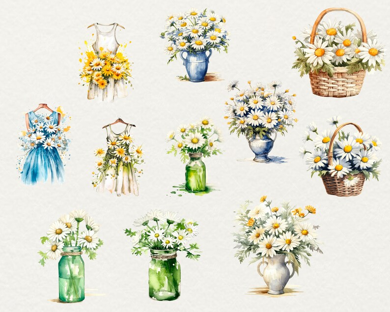 Watercolor Daisy Flowers Clipart, 44 Png Watercolor Daisy Flowers Clipart Daisy Wreath, Scrapbooking Flowers, Commercial Use