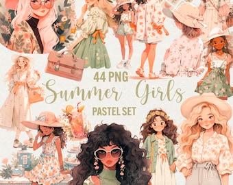 Watercolor Summer Girls Clipart: 44 PNG Fashion Illustrations (Digital Download)