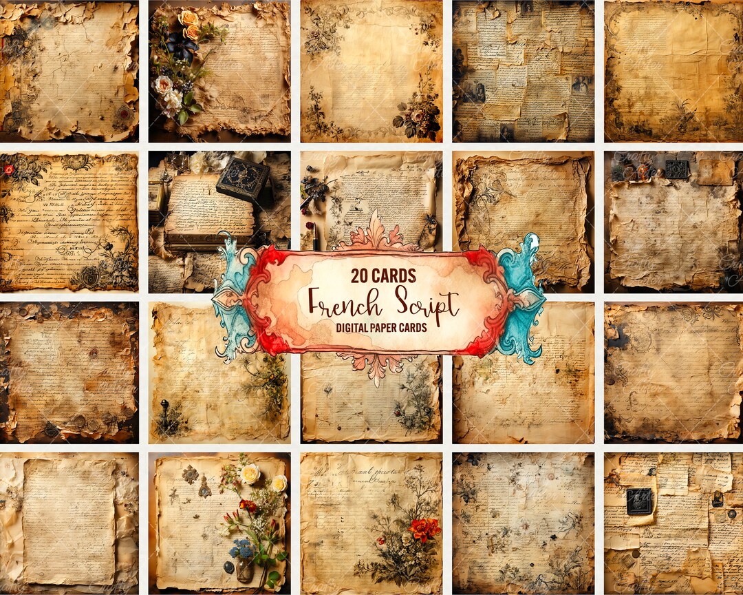 French Script Paper: 20 Vintage Cards for Junk Journals (digital ...