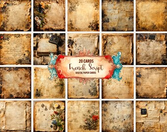 French Script Paper: 20 Vintage Cards for Junk Journals (Digital Download)
