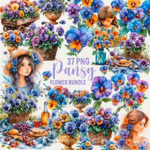 Clipart fleur de pensée aquarelle, 37 PNG fleurs de pensée, printemps alto Floral Png, fleurs sauvages, fille de printemps, téléchargement immédiat, usage Commercial