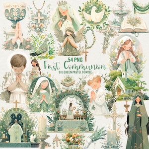 Clipart de primera comunión en tonos pastel verde, 54 PNG Clip art de primera comunión en tonos verdes, Rosario de comunión, Niña religiosa, Biblia en formato PNG, Uso comercial