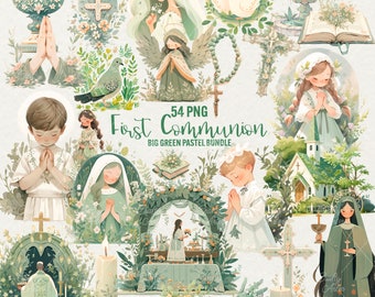 Clipart de Primera Comunión en verde pastel: Paquete PNG religioso de acuarela