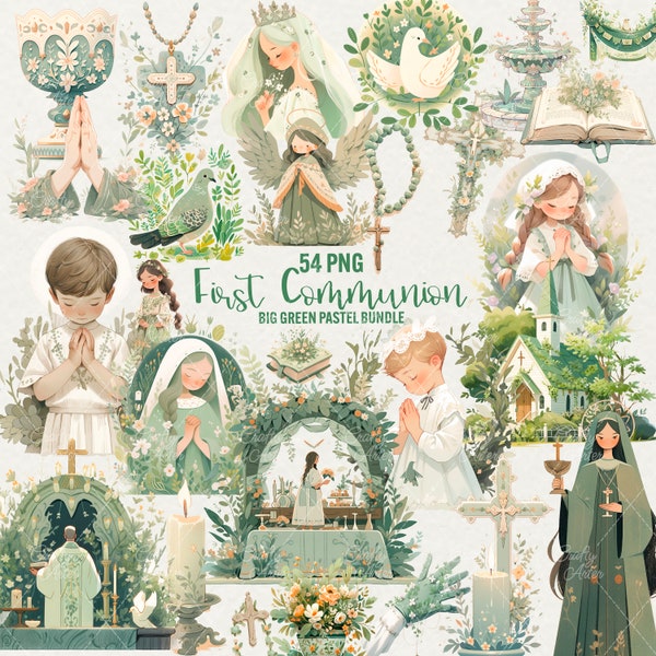 First Communion Green Pastel Clipart, 54 PNG Green 1st Communion Clip art, Rosary Holy Communion, Religious Girl, Bible Png, Commercial Use