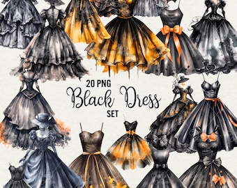 Watercolor Black Dress Clipart: Rococo Gowns, 20 PNG (Digital Download)