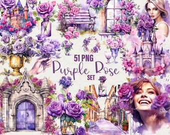 Watercolor Purple Roses Clipart: 51 PNG Floral Illustrations (Commercial Use)