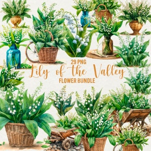 Clipart aquarelle de muguet, 29 Png fleurs de printemps fleurs de lys clipart, fleurs de cloches de mai, adorable, téléchargement numérique, usage Commercial