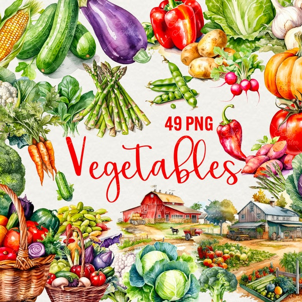 Watercolor Vegetables clipart, 49 PNG Summer Vegetables Assorted, basket with vegetables, farm clipart, Commercial Use.