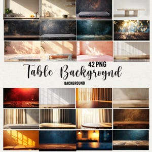 May include: A collection of 42 digital backgrounds featuring various table surfaces and backdrops. The backgrounds are ideal for showcasing products, creating mockups, or adding visual interest to your designs.