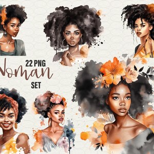 Bellissima donna nera Clipart, ragazza acquerello clipart, 22 PNG donna con capelli afro, bellissima ragazza nera, uso commerciale.