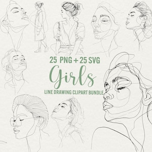 Zeer fijne tekeningen vrouw Svg clipart, 25 svg/png lijntekening meisjes portret, Svg voor canvas, bestanden knippen voor cricut, instant download, commercieel gebruik
