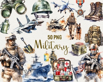 Aquarel militaire clipart, 50 PNG leger-illustraties - instant download voor commercieel gebruik.