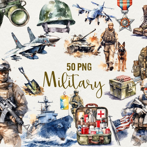 Watercolor Military Clipart, 50 PNG Army clip art - instant download for Commercial Use.