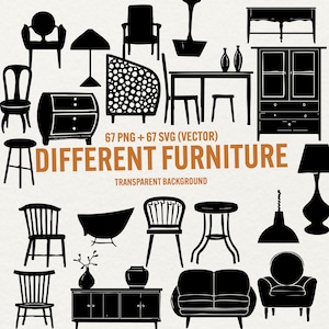 May include: A collection of black furniture silhouettes, including chairs, tables, lamps, and cabinets. The text "DIFFERENT FURNITURE" is displayed in a large font, with "67 PNG + 67 SVG (VECTOR)" and "TRANSPARENT BACKGROUND" below.