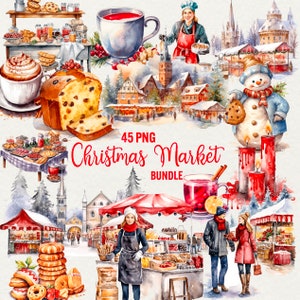 Conjunto de clipart de mercado de Natal, 45 png Clipart de loja de Natal em aquarela Clipart de inverno, clipart de comida de feriado, loja de fachada Uso comercial