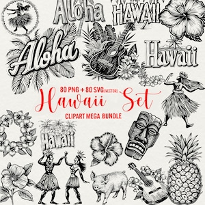 Paquete SVG de Hawái, paquete PNG de Hawái, diseño de camiseta Aloha SVG de Hawái, archivos de corte de playa de clipart de viaje, vector de surf, uso comercial de palmeras
