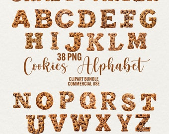 Puede incluir: Un conjunto de 38 letras y números del alfabeto con forma de galleta, con chispas de chocolate, en colores marrón y tostado. Las letras están ordenadas alfabéticamente y los números en orden descendente. El texto "Cookies Alphabet" y "38 PNG" está escrito en cursiva marrón. El texto "CLIPART BUNDLE COMMERCIAL USE" está escrito en negro.