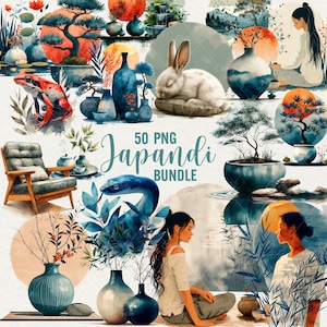 Clipart acquerello Japandi, 50 png Grafica acquerello giapponese, Cultura giapponese, Zen Mindful, Meditazione, PNG scandinavo, Uso commerciale.