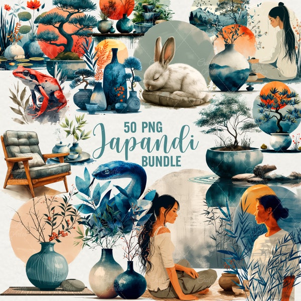 Watercolor Japandi clipart, 50 png Japanese watercolour graphics, Japan culture, Zen Mindful, Meditation, Scandinavian PNG, Commercial Use.