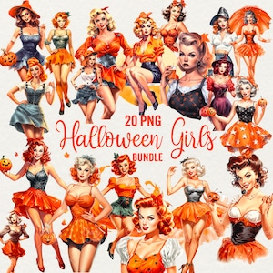 Clipart Halloween meisjes, mooie retro herfst meisje clipart, 20 png aquarel partij vrouw met pompoen voor commercieel gebruik