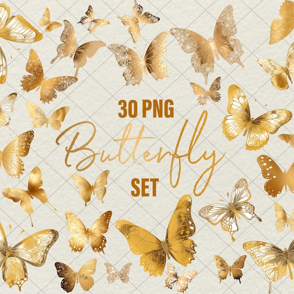 30 Gold Butterfly Clipart PNG Watercolor Butterfly art Stickers Gold Butterfly Bundle Clipart Illustrations Set, Commercial Use