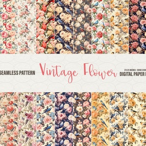 Padrão sem emenda de flores de pássaros, 20 flores de pássaros, papel, textura de fundo floral vintage, padrões de papel sem emenda digitais, uso comercial