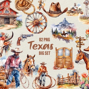 Aquarell Western Texas Clipart, 82 PNG Texas Cowboy Texas Ranch Cowboy Pferde Texas Bar, kommerzielle Nutzung