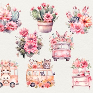 May include: Watercolor illustrations of pink and green cactus flowers, a pink and white floral arrangement, a pink and white floral arrangement with a bunny rabbit in a pink vintage bus, a pink and white floral arrangement with a pink vintage bus with animal figures, a pink and white floral arrangement in a pink vintage dresser, and a pink and white floral arrangement in a pink vintage bus with animal figures.