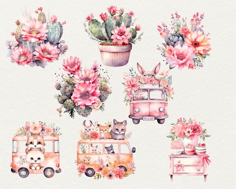 May include: Watercolor illustrations of pink and green cactus flowers, a pink and white floral arrangement, a pink and white floral arrangement with a bunny rabbit in a pink vintage bus, a pink and white floral arrangement with a pink vintage bus with animal figures, a pink and white floral arrangement in a pink vintage dresser, and a pink and white floral arrangement in a pink vintage bus with animal figures.