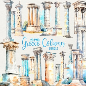 Clipart de colonnes de Grèce, clipart ruines de la Grèce, 20 png aquarelle Grèce vacances grecques, clipart architecture Grèce romantique, usage Commercial
