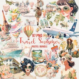 旅行夏のクリップアート バンドル、97 PNG 世界旅行、パステル サマー クリップアート、休日、アドベンチャー PNG、休暇旅行クリップアート、商用利用。