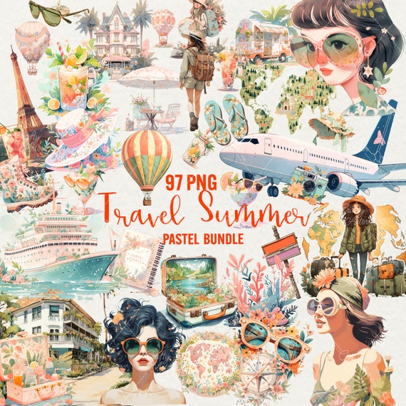 Pastel Summer Travel Clipart Bundle: 97 Watercolor PNG Images